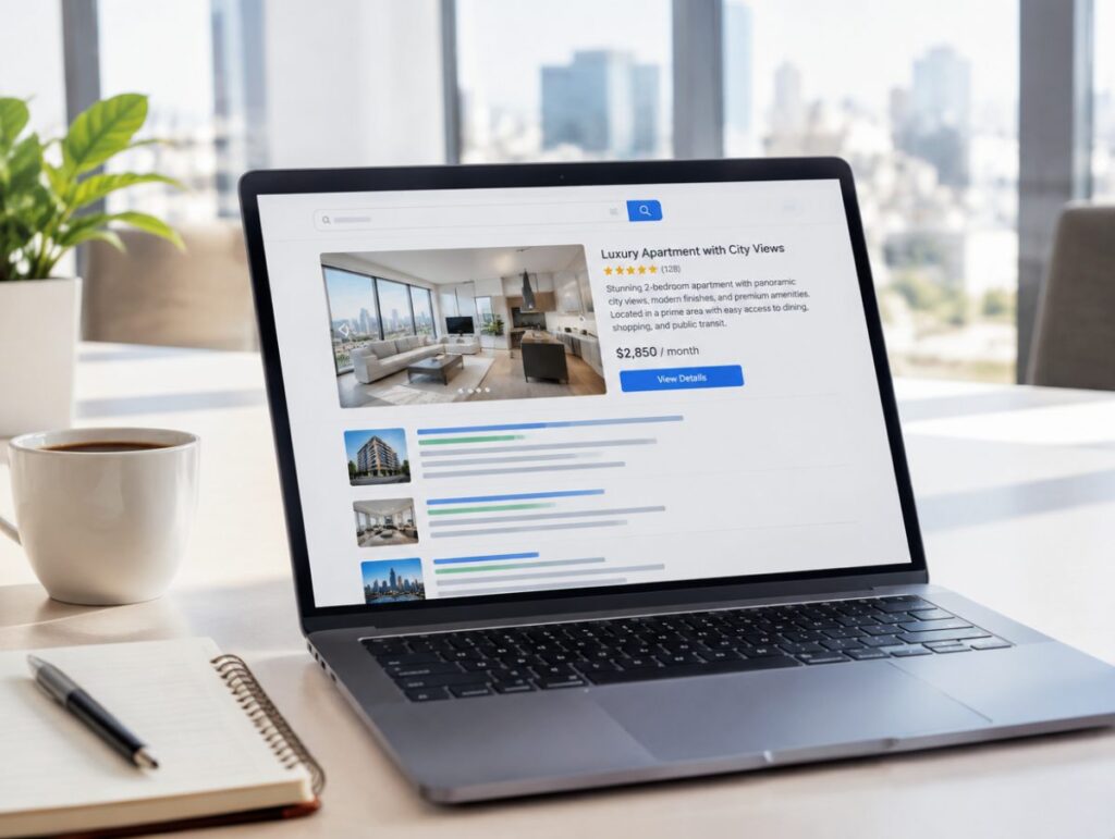 Laptop showing search results with a property ad at the top