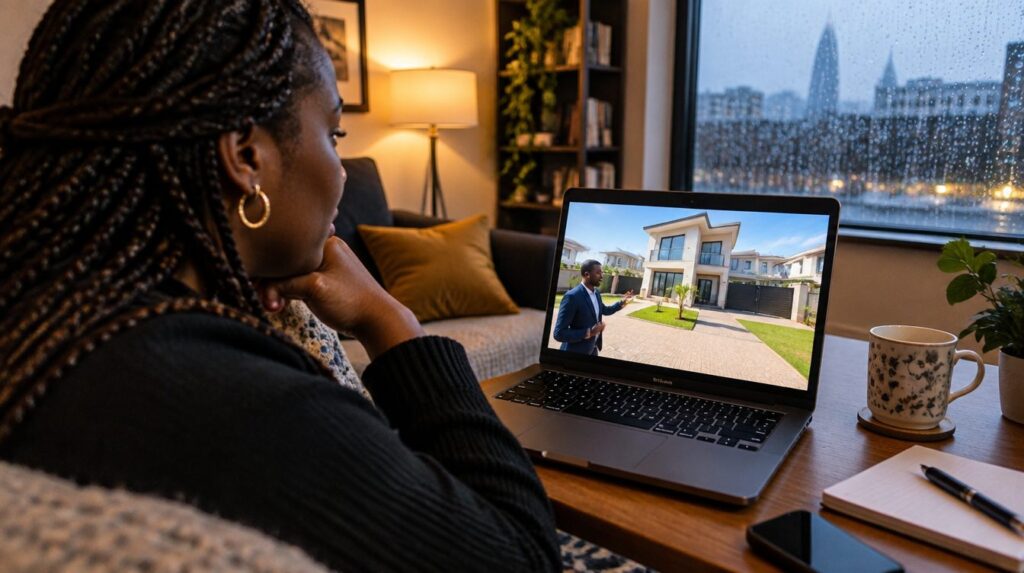 Nigerian professional abroad viewing a property tour on a video call