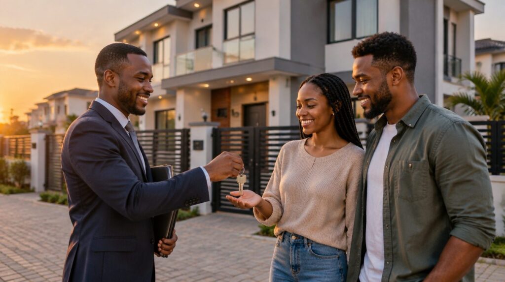 Agent handing house keys to a happy couple