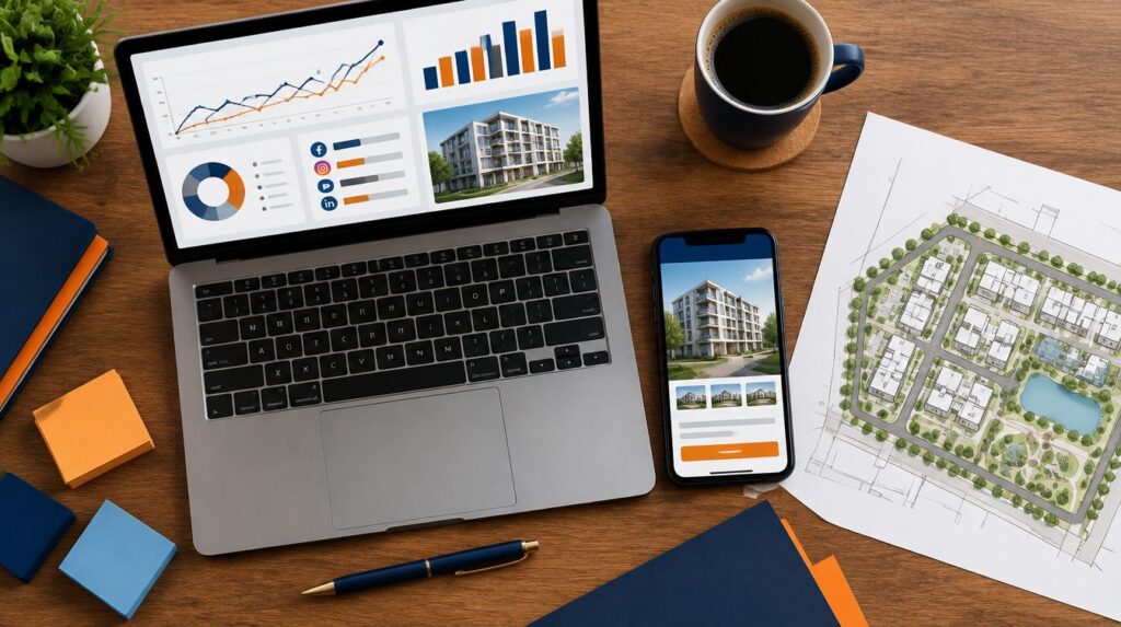 Desk with marketing dashboards, property ad and site plan