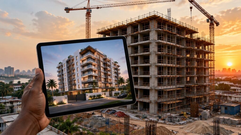 Building under construction with a tablet showing the finished render