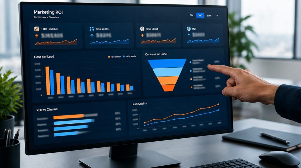 Monitor showing a marketing ROI dashboard