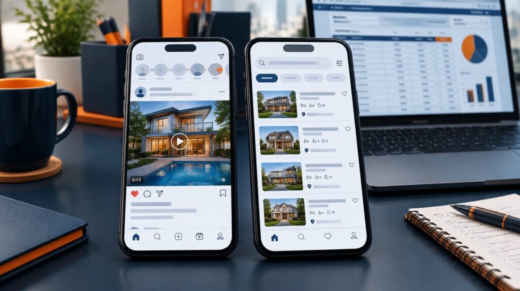 Two phones comparing a social media property ad and a search results page