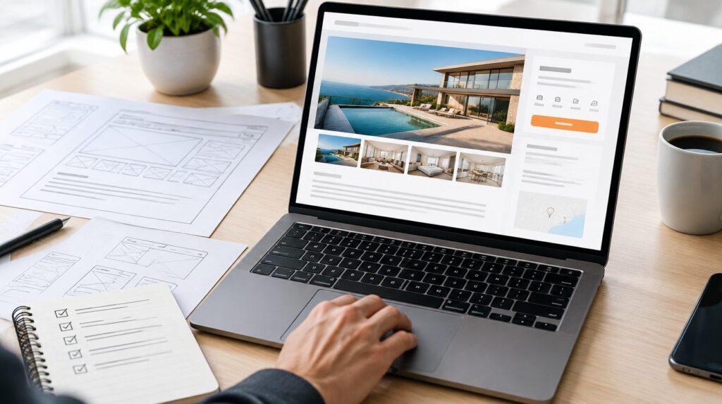 Laptop showing a property landing page beside wireframe sketches
