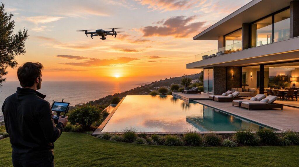 Drone filming a modern luxury home at sunset