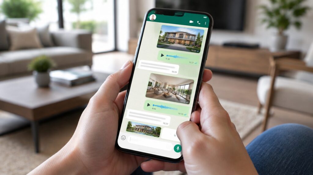 Hands holding a phone with a chat showing property photos