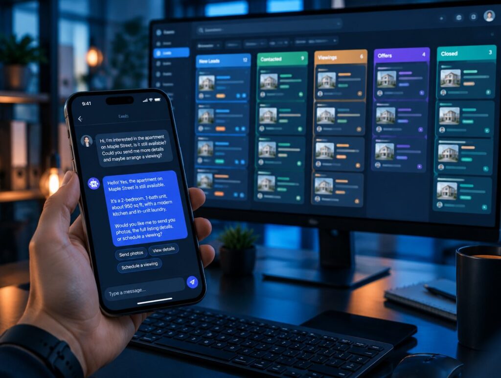 AI assistant chat on a phone in front of a CRM pipeline