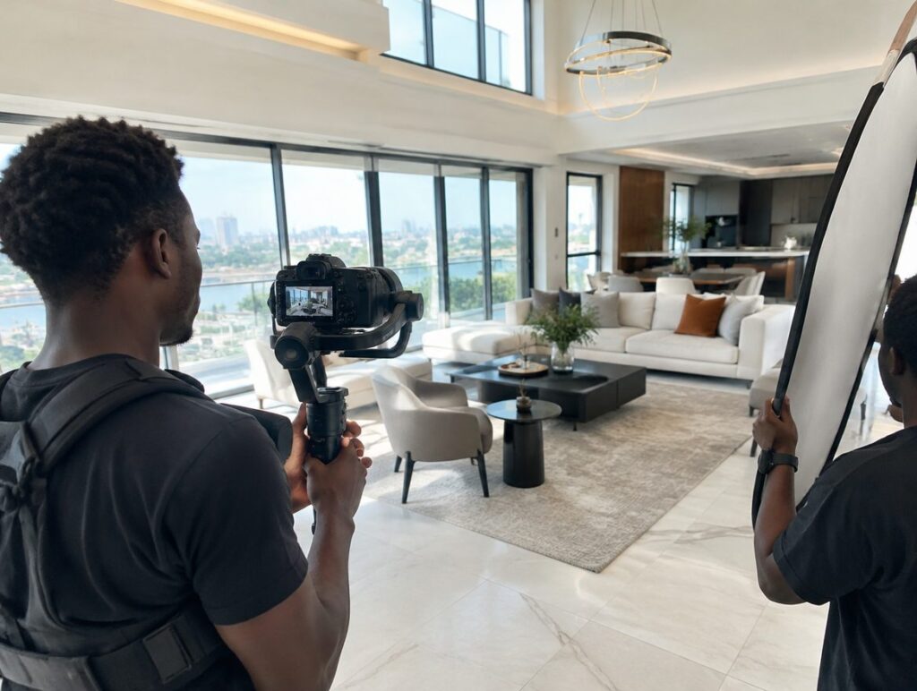 Videographer filming a luxury home interior