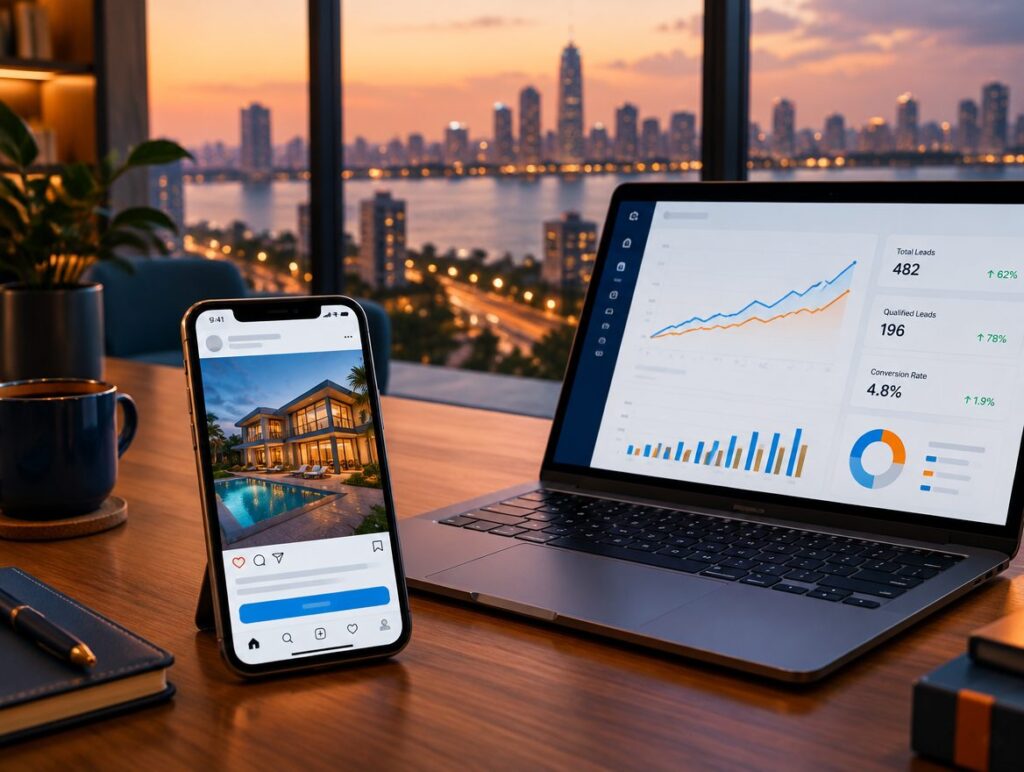 Property ad on a phone beside a marketing analytics dashboard