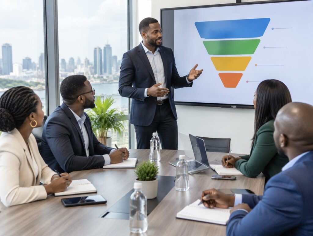 Sales trainer coaching a real estate sales team