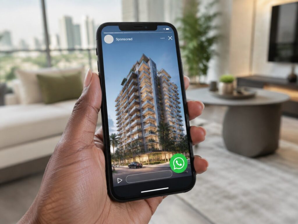 Smartphone showing a property video ad with a WhatsApp chat button